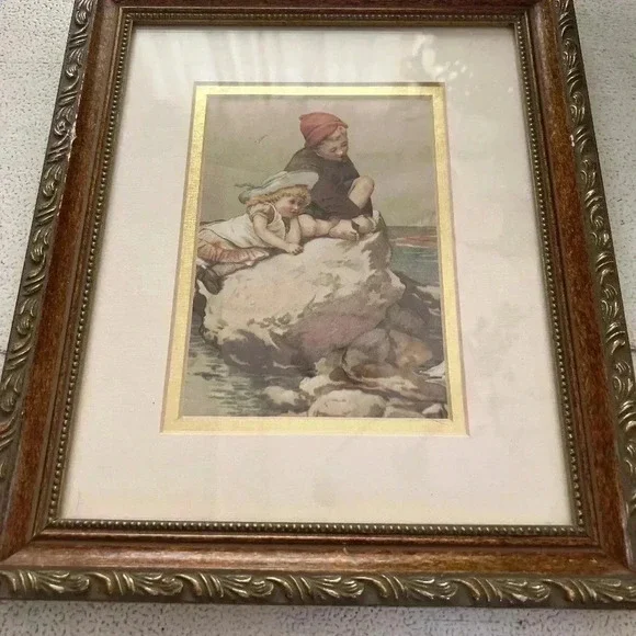 Vintage Wood Framed Matted Picture of Kids by the Water - Picture 2 of 5